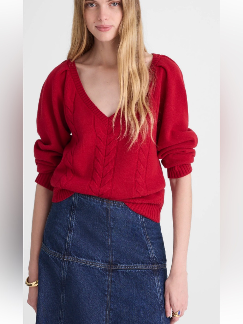 Madewell Red V-Neck Cable Knit Sweater XXS 95% merino wool